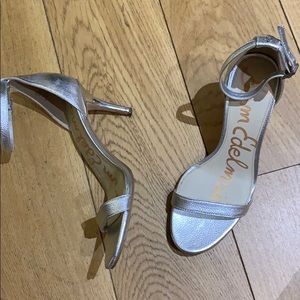 Silver leather heel sandals with thin straps